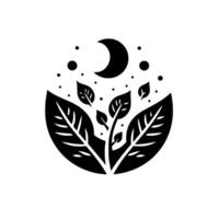 Minimalist black and white illustration of a crescent moon above stylized plant life with leaves and dots, creating a harmonious and serene composition. vector