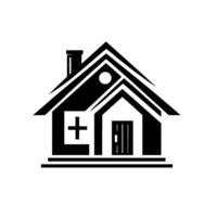 Bold Black White House with Cross, Door, and Chimney A Healthcare Facility or Clinic Symbol. vector