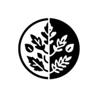 Yin Yang Floral Emblem A symmetrical, black and white circular showcasing stylized leaves and botanical elements, evoking balance and harmony. vector