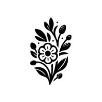 A stylized, symmetrical floral arrangement featuring a central daisylike flower, buds, and leaves in a simple, monochromatic against a clean white background. vector