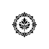 Elegant black and white symmetrical floral , featuring a central stylized tree encompassed by ornate swirling frame, minimalist aesthetic. vector