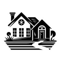 A minimalist, stylized blackandwhite illustration of a home, featuring a twosectioned dwelling with a chimney, a starshaped , windows, and an arched doorway, set amidst stylized flora and a vector
