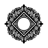 Intricate black and white symmetrical ornamental with a central circular void framed by a diamond, surrounded by floral and stylized leaf patterns. vector