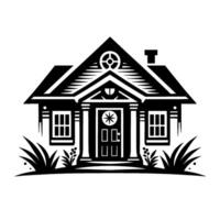 A stark, twodimensional monochrome house illustration, featuring a detailed facade with a geometric starburst door, set against a simple, grassy ground. vector