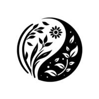 Yin Yang Symbol with Botanical Elements A stylized depiction of balance, featuring floral and leafy details within the contrasting black and white halves of a circle. vector