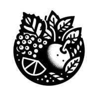 A stylized, circular illustration showcasing an apple with a textured gradient, grapes, lemon, and leaves, all in a bold black and white , suggesting freshness. vector