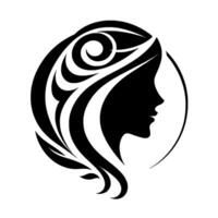 Elegant Silhouette of a Womans Profile within a Circle, Featuring Stylized Hair with Swirls and a Leafy Accent, in Striking Black and White. vector