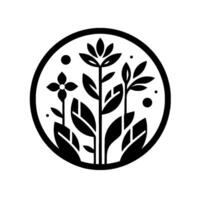 A minimalist black and white botanical illustration of stylized plants and flowers arranged in a circular frame, featuring symmetrical floral and leaf designs with dot accents. vector