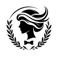 A sophisticated black and white silhouette of a womans profile, encircled by a laurel wreath and adorned with a bow tie, embodying classical elegance. vector