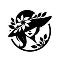 Elegant Silhouette of a Woman in a WideBrimmed Hat Adorned with Floral and Leafy Embellishments, Enclosed in a Symbolic Circular Frame. vector