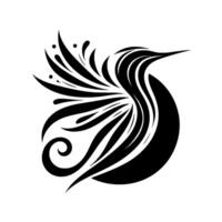 A minimalist and elegant black and white illustration of a stylized bird, featuring flowing lines and a crescentshaped body, set against a pristine white background. vector