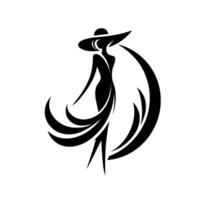 Elegant Silhouette A stylized black and white illustration of a woman in a widebrimmed hat and flowing dress, encircled by a stylized crescent. vector