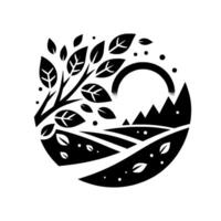 A minimalist, monochrome circular illustration featuring a stylized tree with leaves, mountains, fields, and an arch, conveying natures beauty. vector