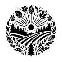 Circular Silhouette A black and white emblem of a landscape with a sun, fields, pine trees, and foliage, encircled by leaves and branches. vector