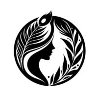 A stylized black and white circular emblem featuring a womans silhouette, framed by a feather and foliage, evoking elegance. vector