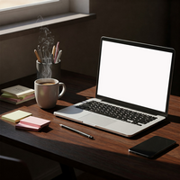 laptop with blank screen on a wooden desk with a cup of coffee and a notepad psd