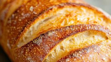 Crusty sourdough bread loaf, close-up view showing sliced texture and golden-brown crust. photo