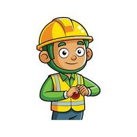 Hardworking Cartoon Worker with Watch Checking Plans vector