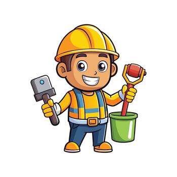 Hardworking Worker Using Paint Can and Brush vector