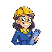 Cartoon of Smiling Worker with Blueprints vector