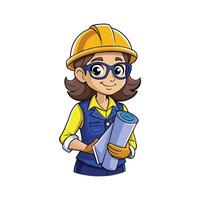 Unique Cartoon of Female Worker with Blueprints vector