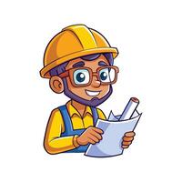 Cartoon of Worker Checking Blueprint vector