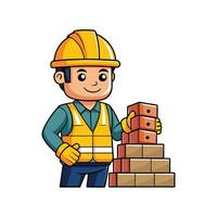 Creative Cartoon of Worker Holding Stack of Bricks vector