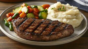 Grilled steak, mashed potatoes, and mixed vegetables on a plate. photo