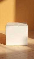 Minimalist white box casting soft shadows on a wooden surface, creating a serene and clean aesthetic with a transparent background effect photo