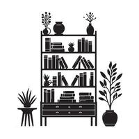 Stylish bookcase illustration displaying books plants and vases at home vector