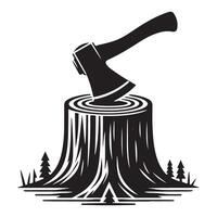 Axe Embedded in Tree Stump Silhouette Ideal for Woodworking and Forestry vector