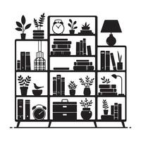 Detailed Bookshelf Illustration with Plants Decor and Books vector