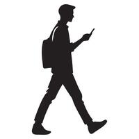Walking Using Mobile Phone Silhouette Illustration with Backpack vector