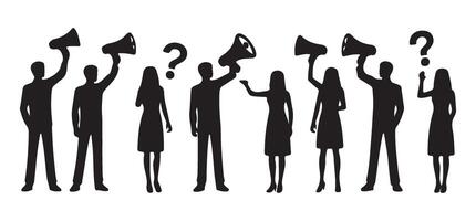 Protest Silhouette with Megaphones and Questions Illustration for Social Issues vector