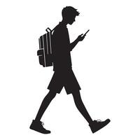Silhouette of Student Walking Using Cellphone with Backpack vector