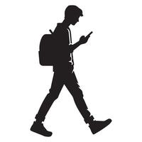Silhouette of Student Walking and Looking at Phone Illustration vector