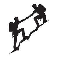 Silhouette of Two Hikers Helping Each Other on Mountain Climb vector
