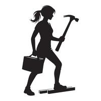Empowered Woman Carpenter Illustration Silhouette with Hammer and Toolbox vector