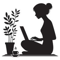 Woman Working on Laptop Silhouette Creating Workspace vector
