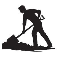 Silhouette of Man Digging Soil Using Shovel for Gardening landscaping vector