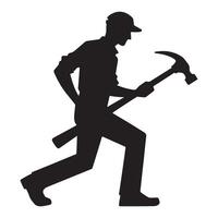 Construction Worker Silhouette Carrying Hammer on a Workplace Site vector