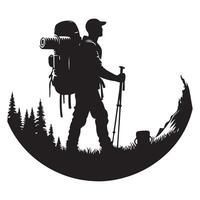 Silhouette of Adventurous Hiker with Backpack Exploring Nature on Adventure Trip vector
