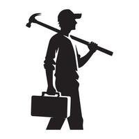 Silhouette of a Construction Worker Holding Tool Box and Hammer vector