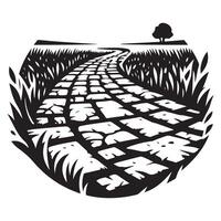 Illustrative Stone Path Winding Across Grassland to a Lone Tree vector