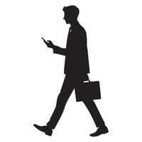 Silhouette Businessman Walking with Briefcase and Using Mobile Illustration vector