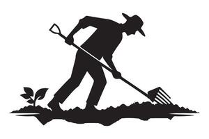 Farmer with Rake Silhouette Tending to Soil Illustration vector