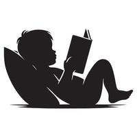 Silhouette of a Child Reading a Book Relaxing on a Pillow vector