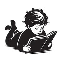 Silhouette of a young child reading book on ground vector