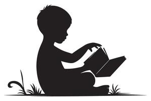 Silhouette illustration of a child reading book vector