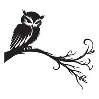 Stylized owl perched on branch illustration in black silhouette vector